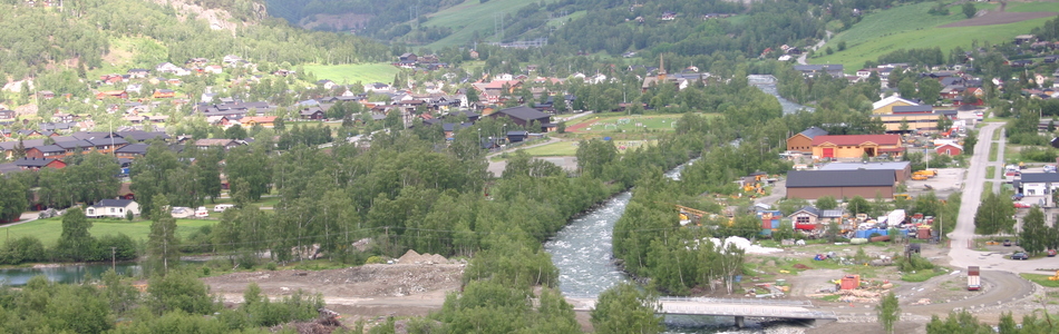 Foto av relativt åpent dallandskap under skoggrensen med tett bebyggelse og jordbruksdominans