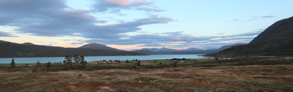 Foto av grunne daler i ås- og fjellandskap med hei under skoggrensen med bebygde områder