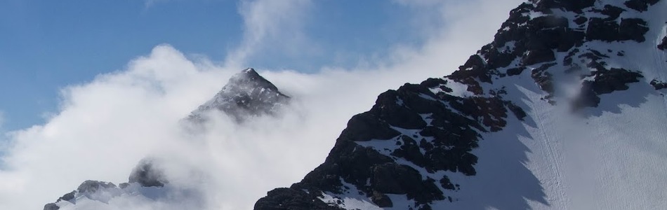 Foto av tindepreget ås- og fjellandskap dominert av isbre med bart fjell over skoggrensen